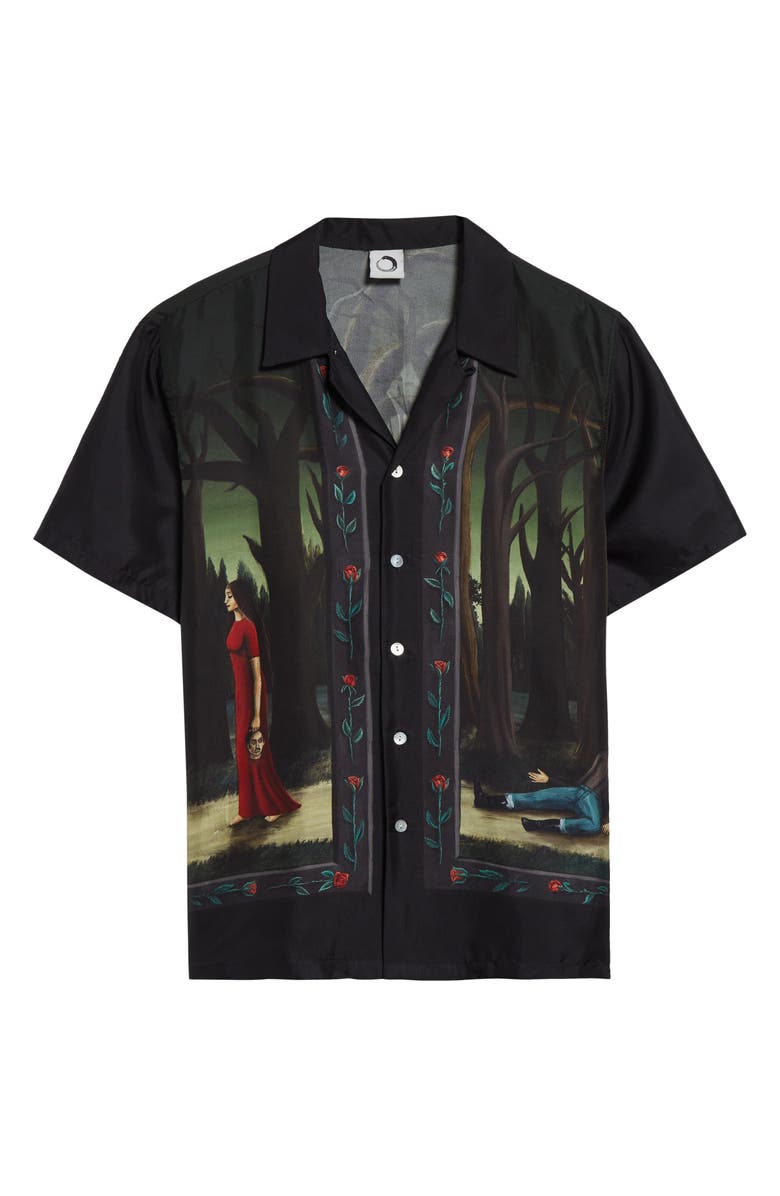 ENDLESS JOY In the Pines Border Silk Twill Button-Up Shirt, Alternate, color, Black Multi