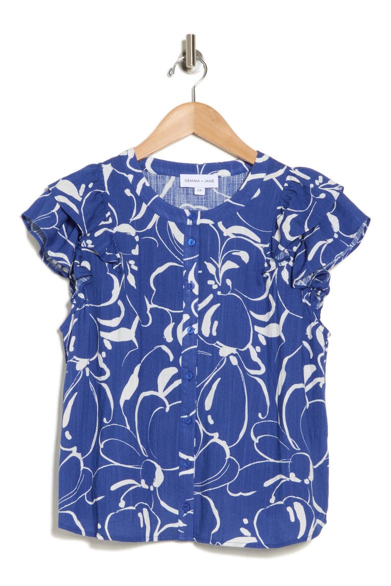 Ruffled Floral Top, Alternate, color, INDIGO/ IVORY