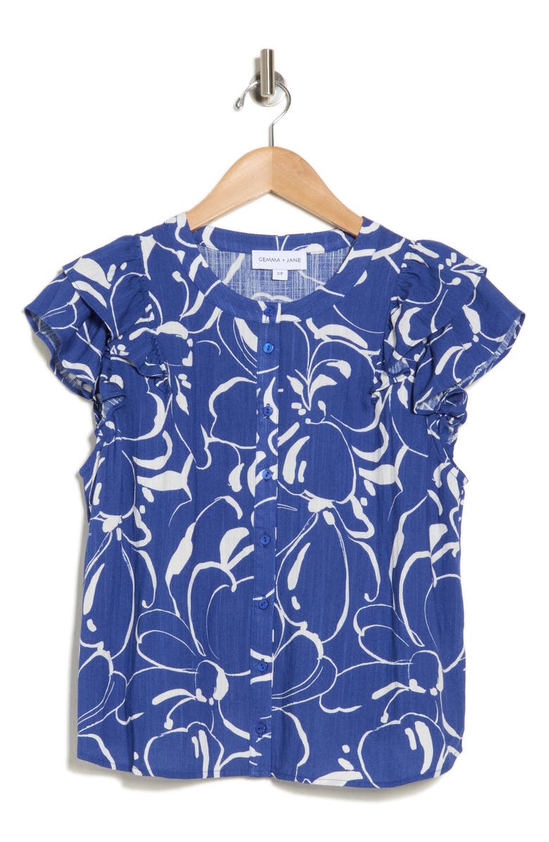 Gemma + Jane Ruffled Floral Top, Alternate, color, Indigo/ Ivory