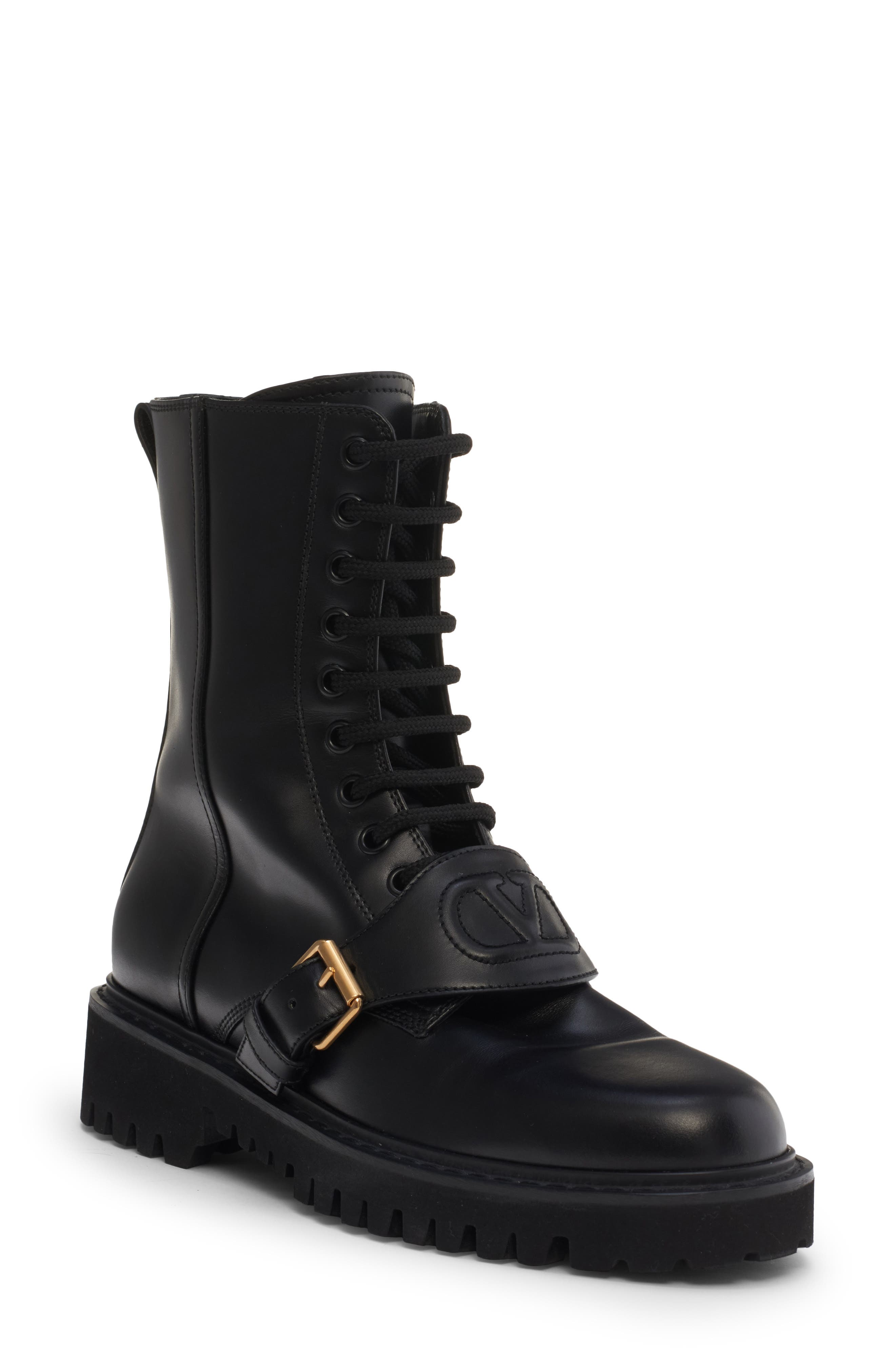 VLOGO Leather Combat Boot, Main, color, BLACK
