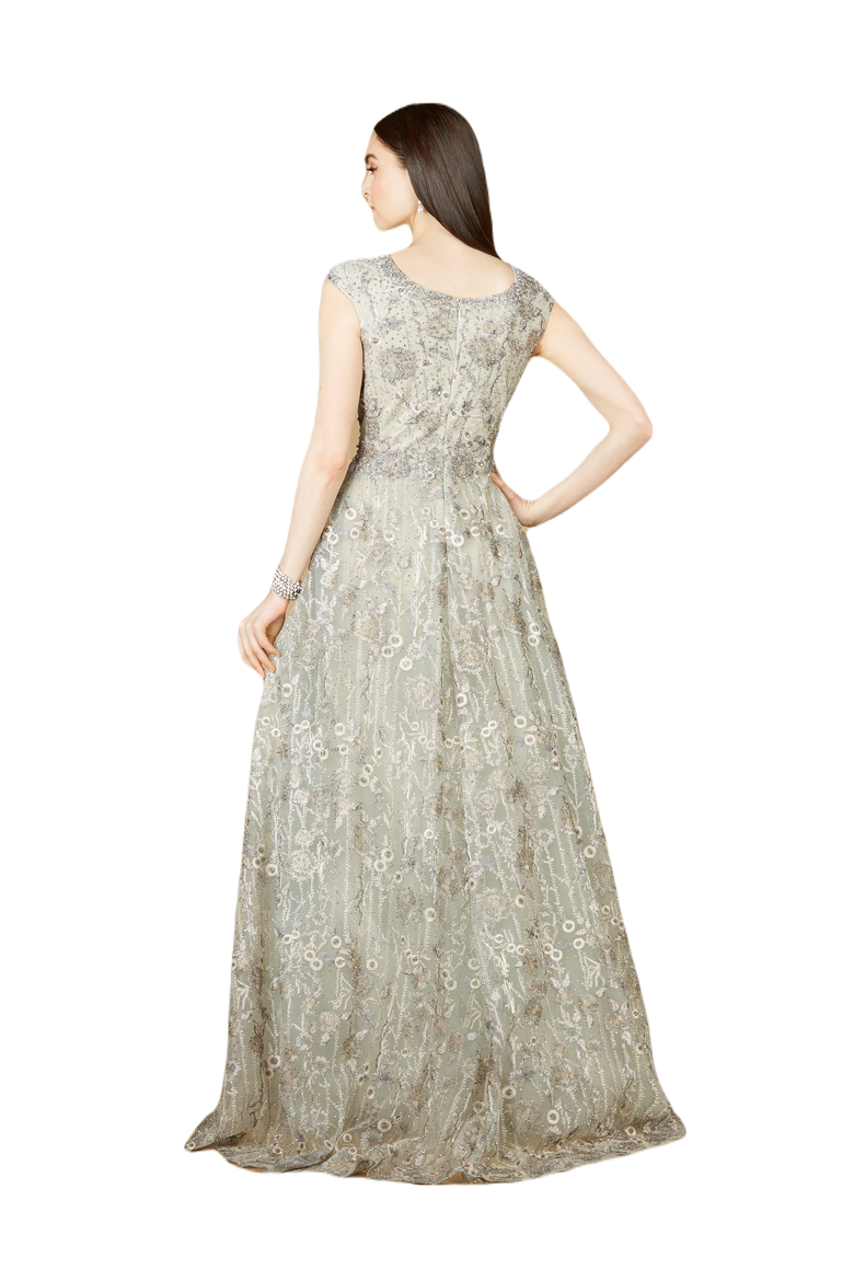 Cap Sleeve V-Neck Lace A-line Gown, Alternate, color, Slate