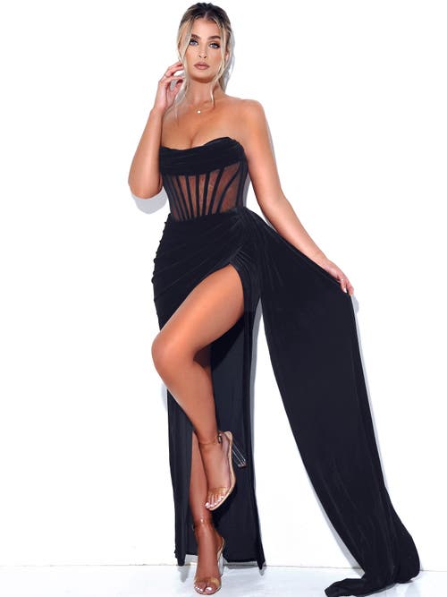 Miss Circle Priya Black Draping Corset High Slit Velvet Gown In Black
