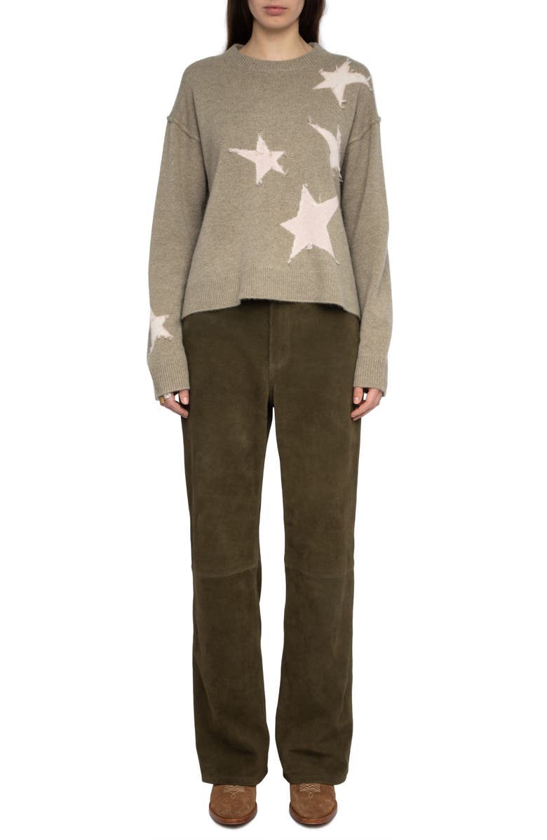 Zadig & Voltaire Markuz Intarsia Star Cashmere Crewneck Sweater, Alternate, color, Olive