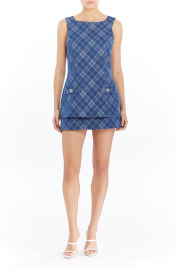 Amanda Uprichard Maven Plaid Cotton Blend Denim Skort Romper In Blue