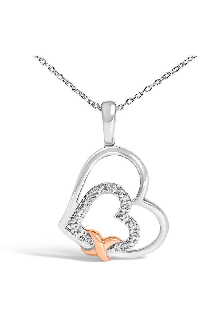 .925 Sterling Silver Double Heart Pendant Necklace with Diamond and 10K Rose Gold Accent, Alternate, color, White Gold over Silver
