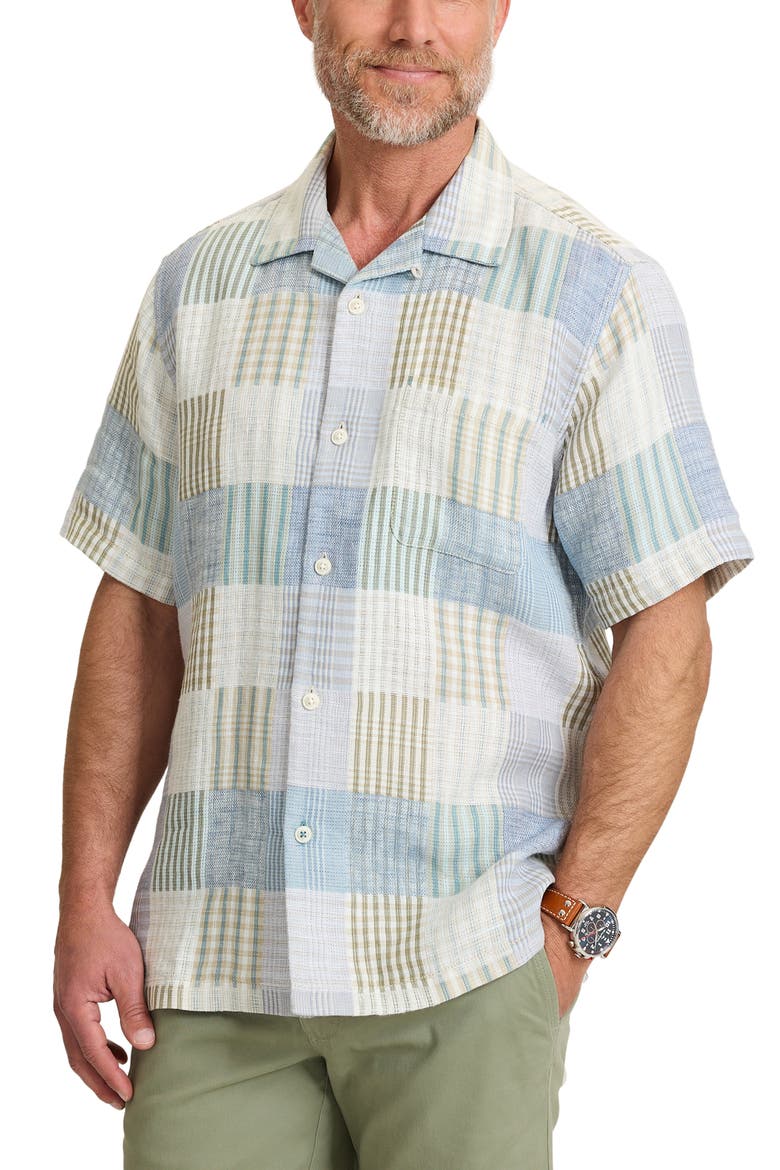 Patchwork Sands Linen & Cotton Camp Shirt, Main, color, BLUE/ BISCOTTI TAN