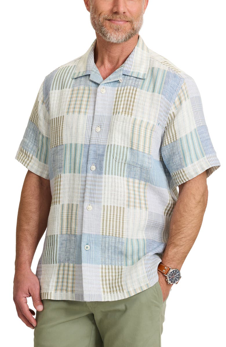 Tommy Bahama Patchwork Sands Linen & Cotton Camp Shirt, Main, color, Blue/ Biscotti Tan