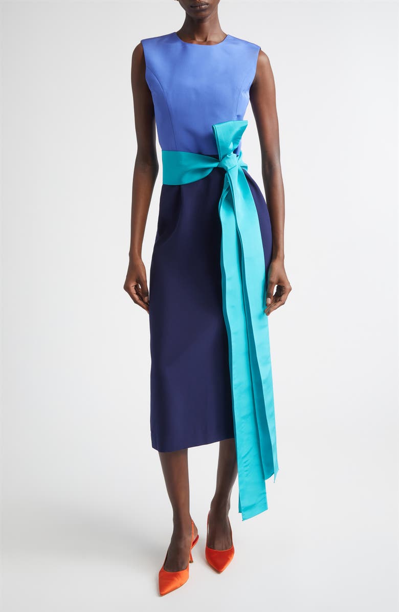 Carolina Herrera Colorblock Stretch Crepe Sheath Dress with Faille Sash, Main, color, Midnight Multi