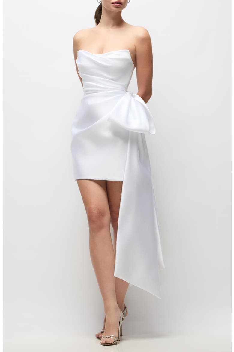 Paige Bow Detail Strapless Satin Cocktail Minidress, Main, color, WHITE