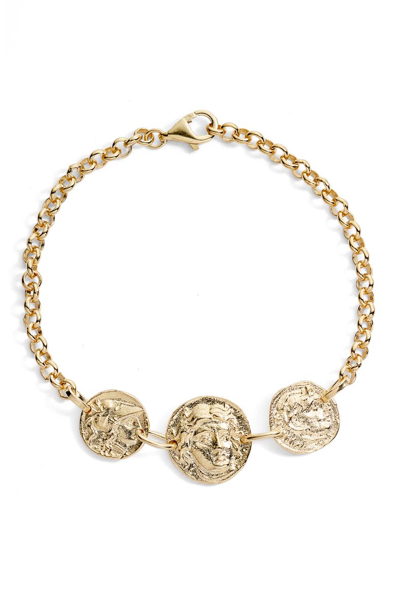 Triple Coin Rolo Bracelet, Main, color, GOLD
