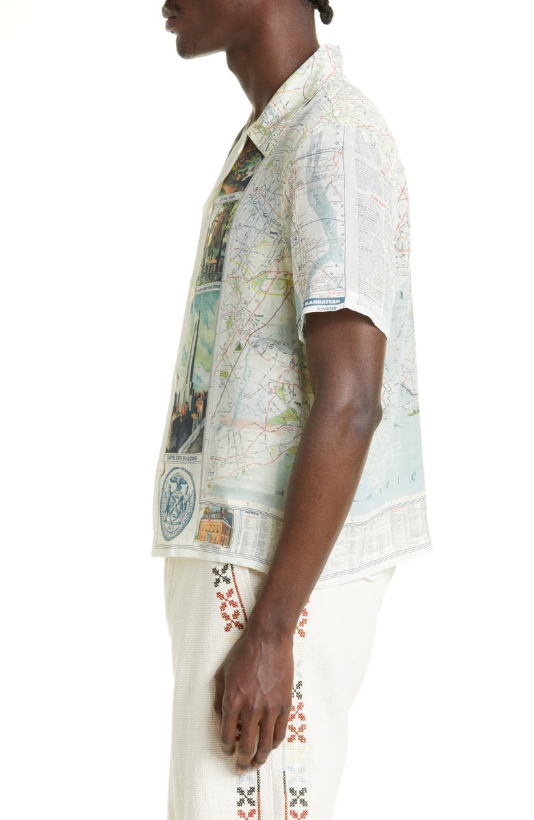 Bode New York City Map Short Sleeve Silk Button-Up Shirt, Alternate, color,