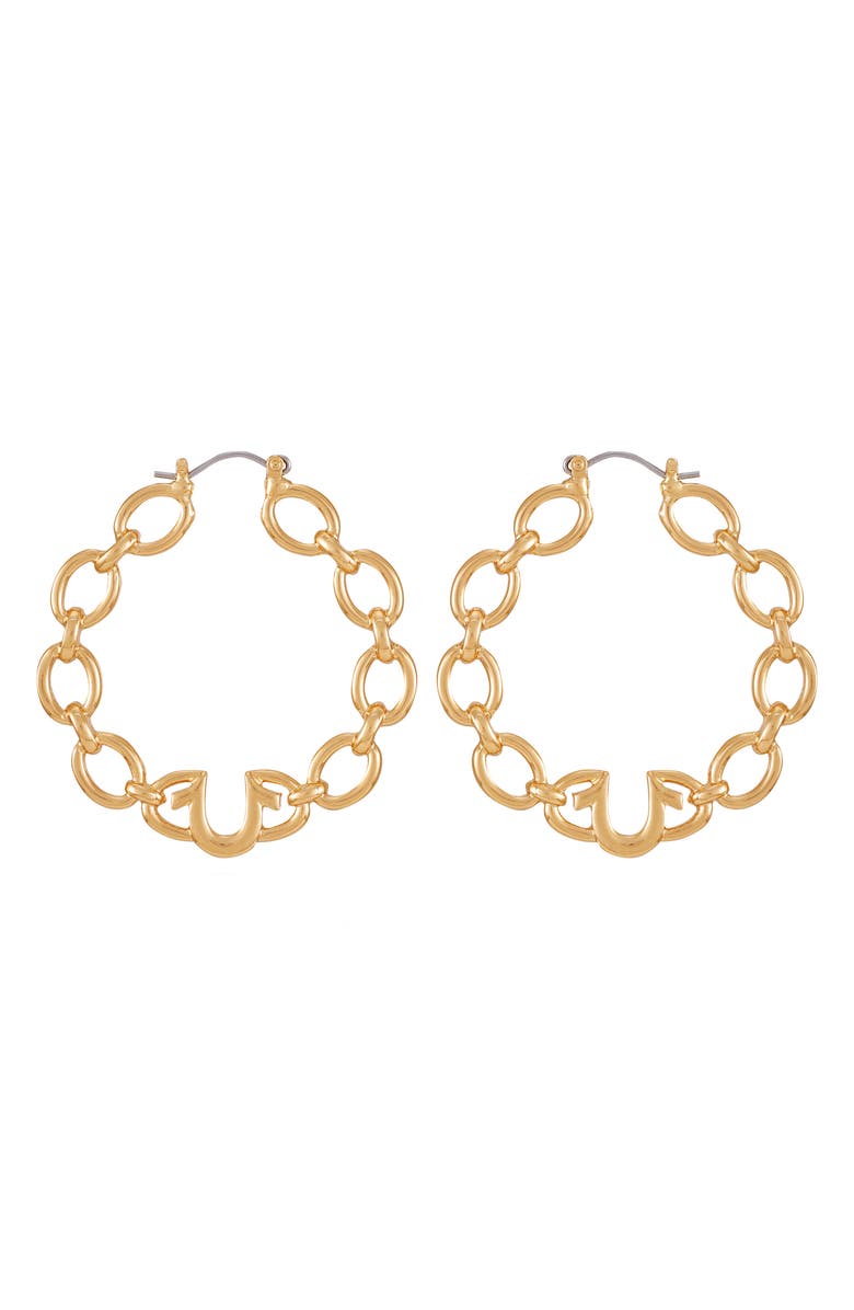 True Religion Horseshoe Logo Chain Hoop Earrings, Main, color, Goldtone