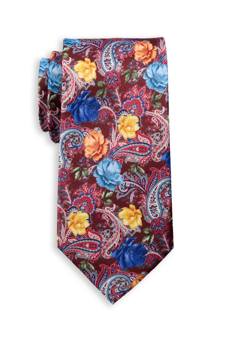 Big & Tall Printed Floral Paisley Tie, Main, color, BURGUNDY