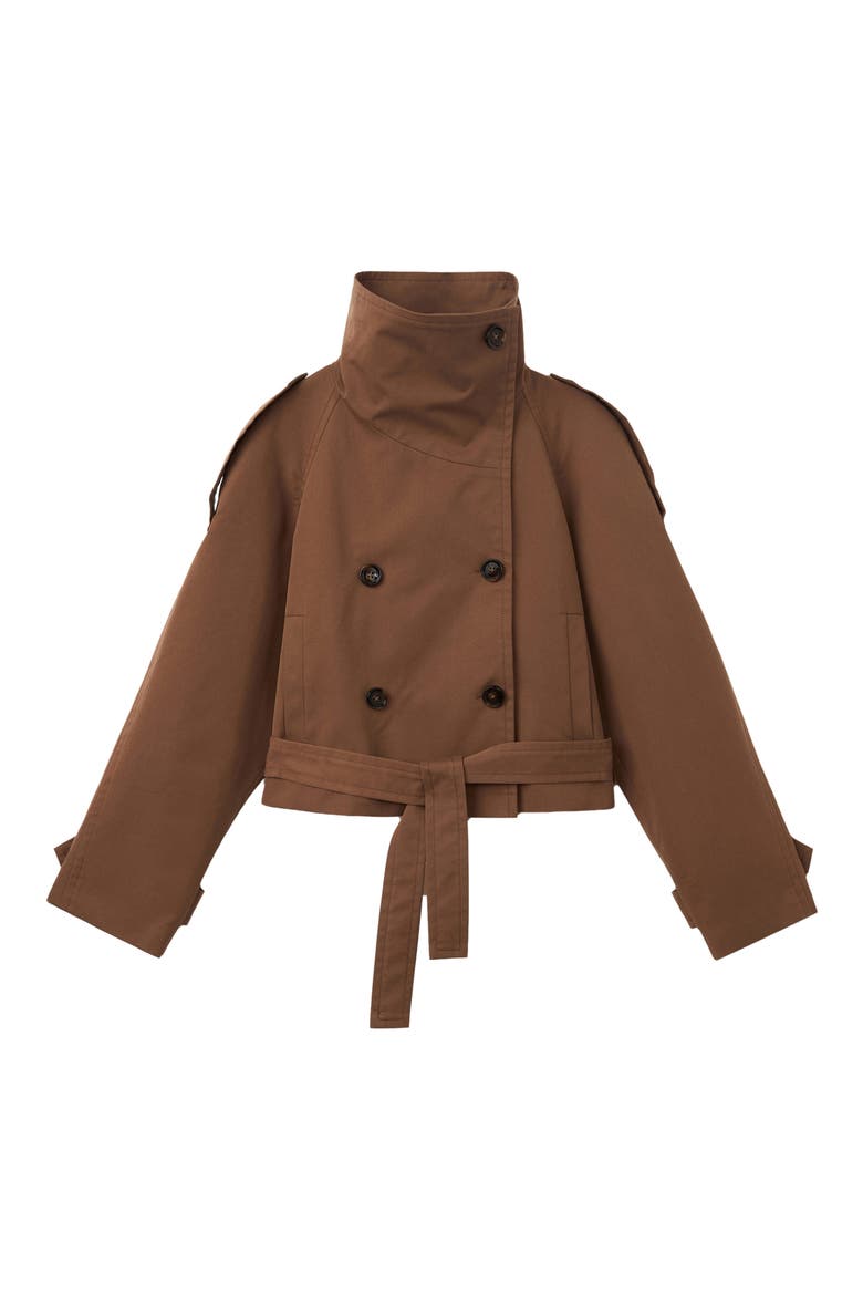 Double Breasted Crop Cotton Blend Trench Coat, Main, color, BROWN