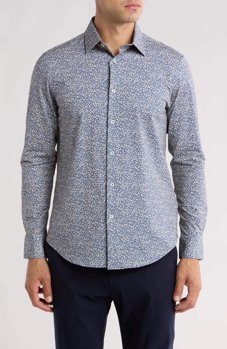 Bugatchi Trim Fit Mini Floral Print Stretch Cotton Button-Up Shirt, Main, color,