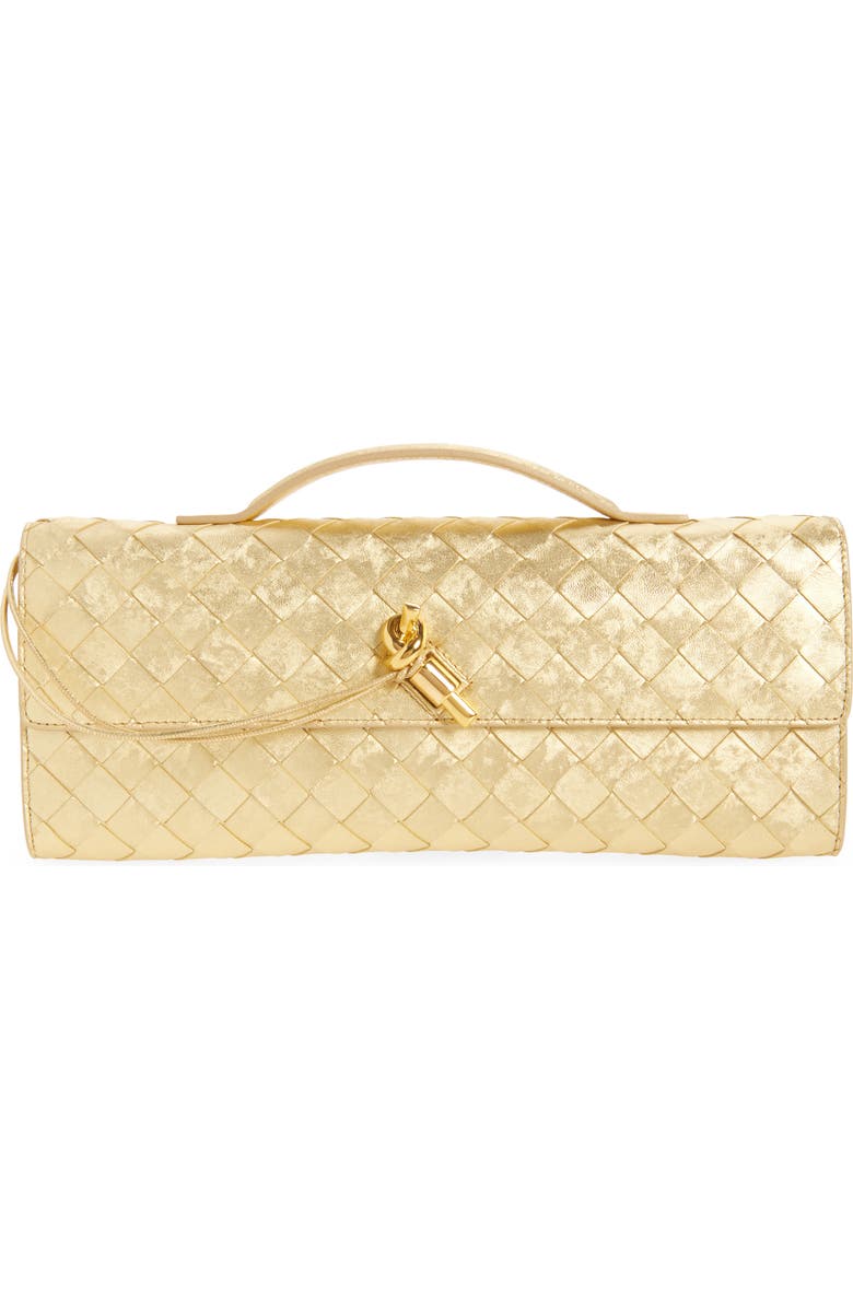 Bottega Veneta Andiamo Intrecciato Satin Clutch, Main, color, 8472 Gold / Gold