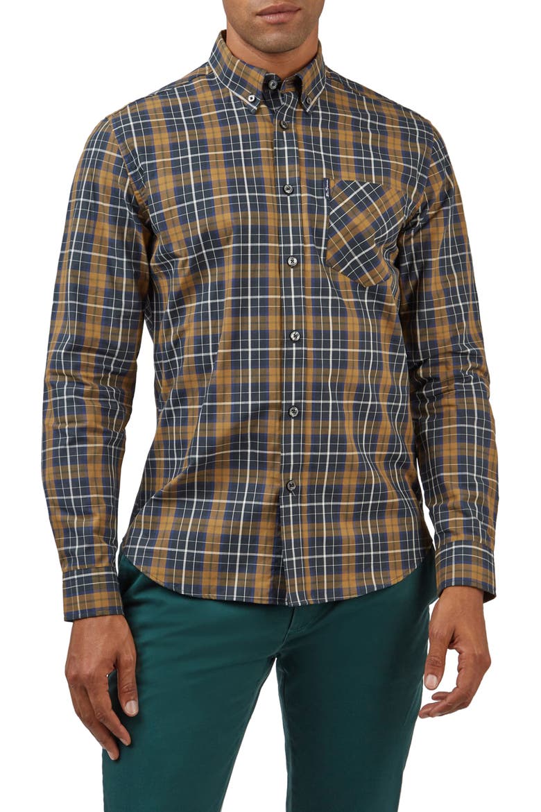 Check Cotton Button-Down Shirt, Main, color, BRONZE
