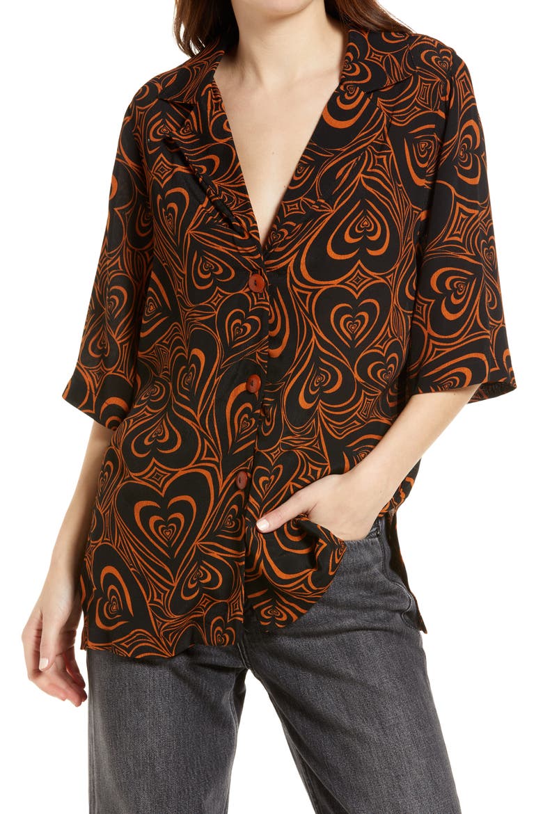 Alyssa Wid Hearts Oversize Button-Up Shirt, Alternate, color, BROWN
