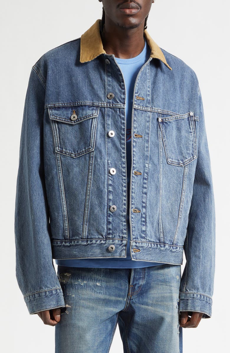 JW Anderson Corduroy Collar Denim Trucker Jacket, Main, color, Mid Blue