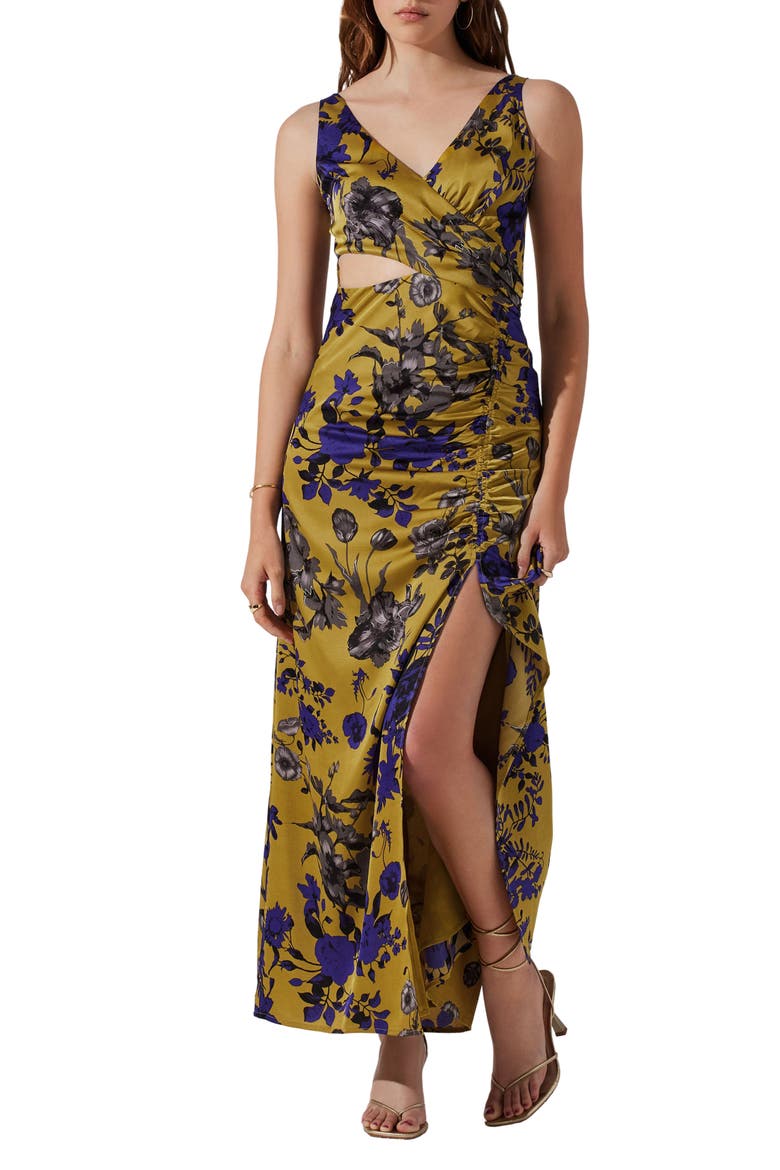 Floral Ruched Cutout Dress, Main, color, CHARTREUSE INDIGO FLORAL