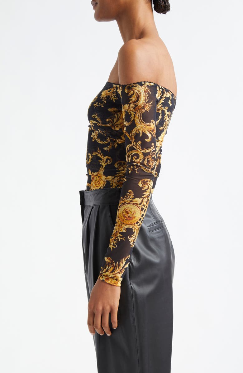 L'AGENCE Peonie Off the Shoulder Mesh Bodysuit, Alternate, color, Black/ Gold Barocco Swirl