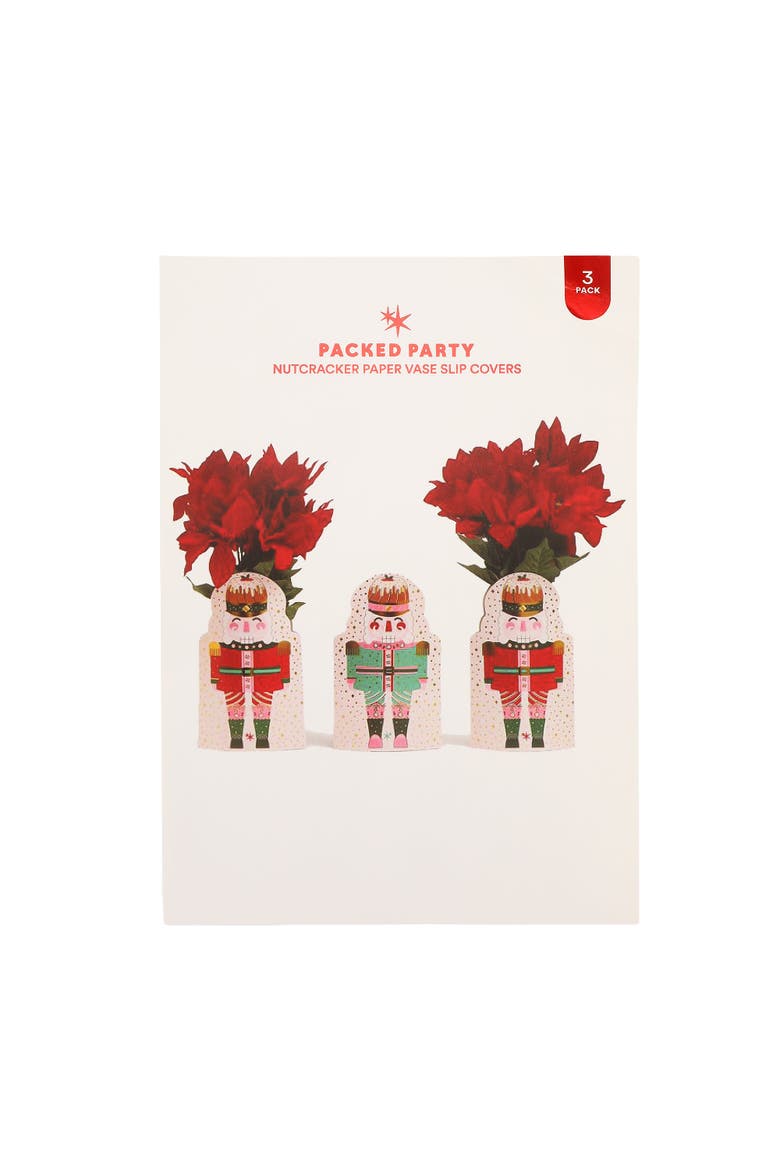 Nutcracker Pop-Up Vase Slip Covers Set of 3 - Gold Foil Die-Cut Nutcracker Paper Vase Sleeves in 3 Festive Colors for Holiday Table Centerpieces, Main, color, Multicolor