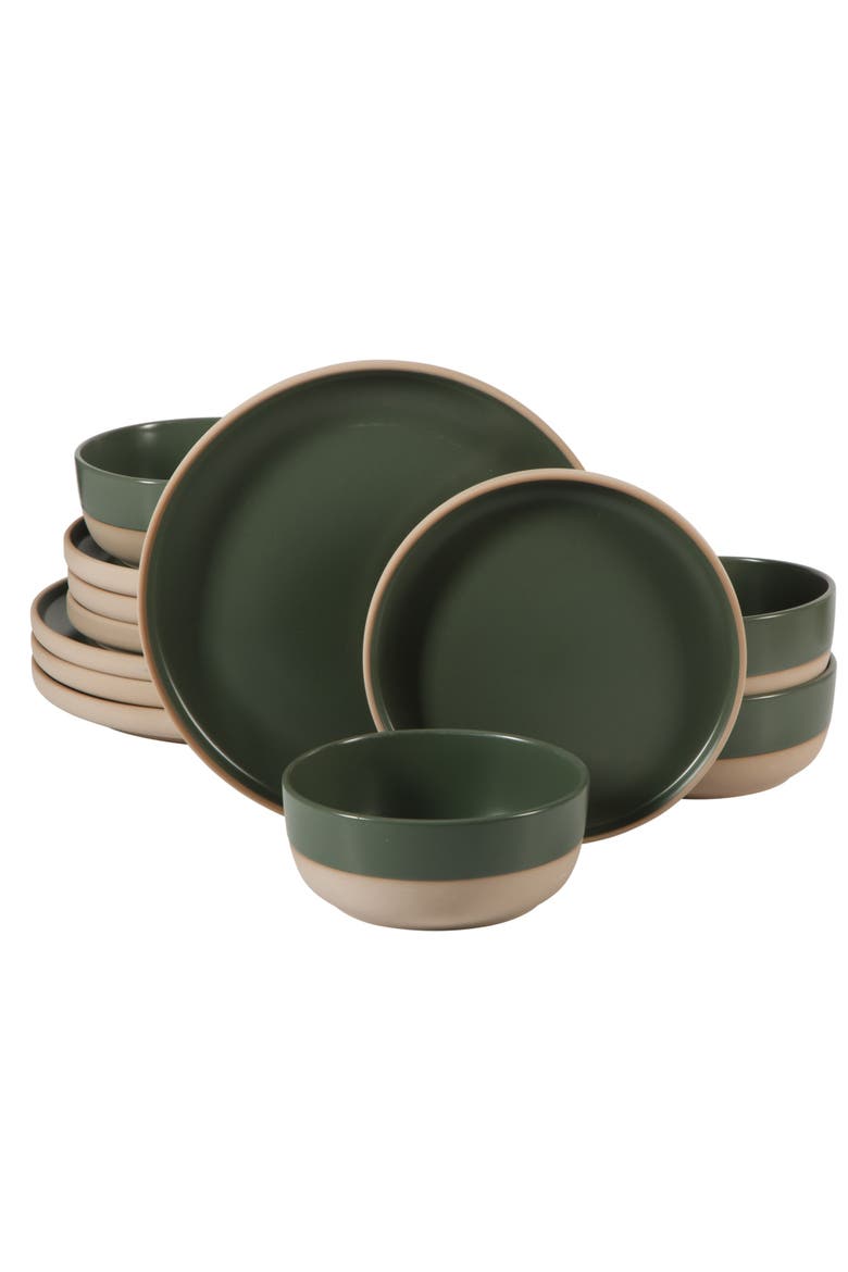 Plates and Bowls Set 12 Piece Stoneware Dinnerware Set with Raw Bottom Finish for 4, Main, color, Green
