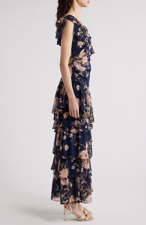 Chelsea28 Cap Sleeve Cascading Ruffle Gown In Navy League Romantic Blooms