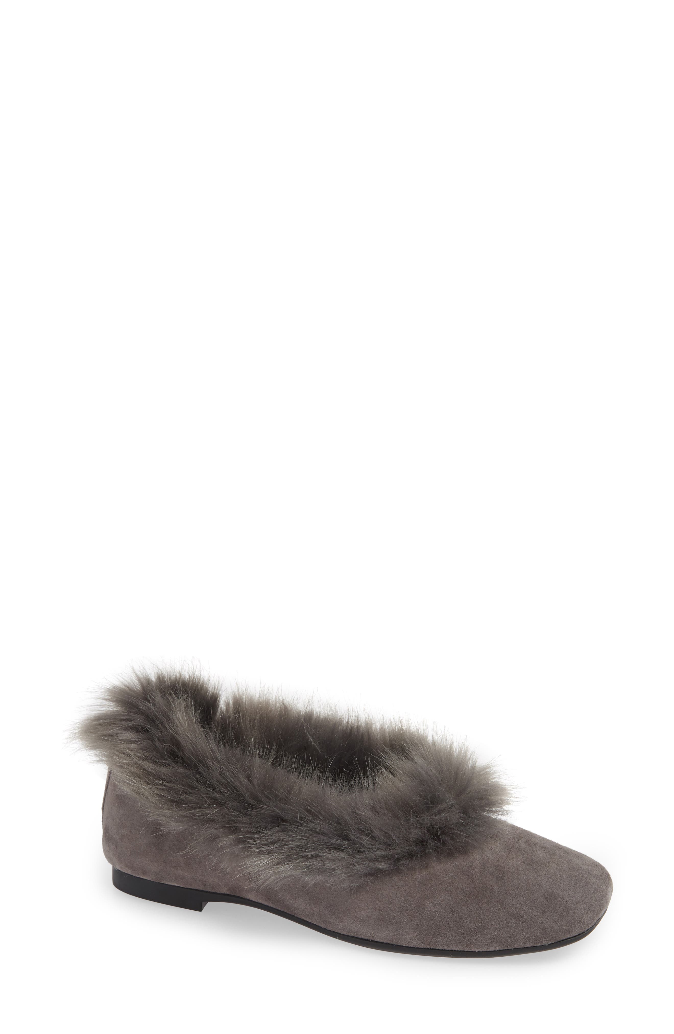 Ryanne Water Resistant Faux Fur Flat, Main, color, CHARCOAL GREY SUEDE