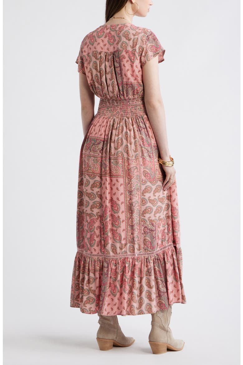 Print Smocked Waist Ruffle Hem Maxi Dress, Alternate, color, PINK- OLIVE PATCHWORK PAISLEY