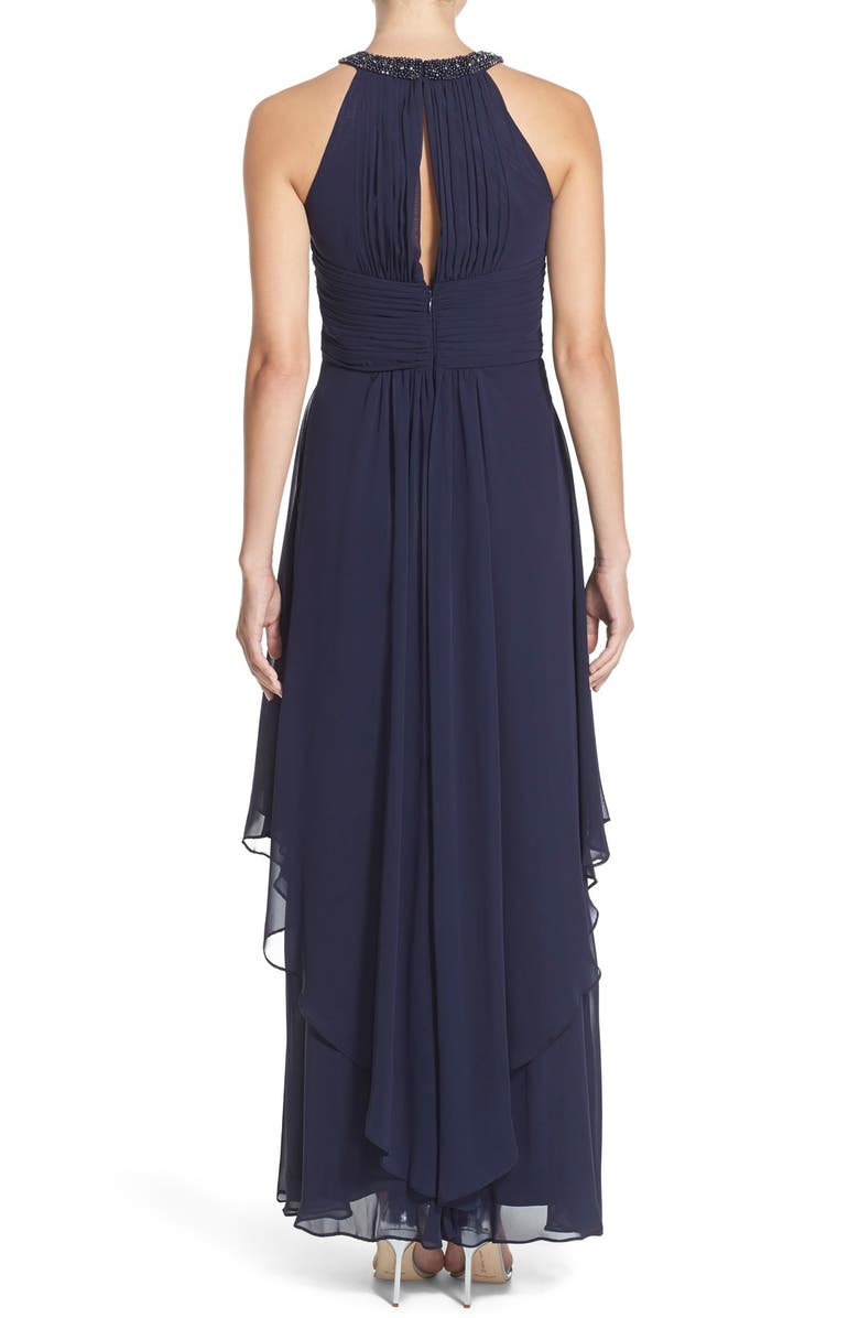 Eliza J Embellished Tiered Chiffon Halter Gown, Alternate, color, Midnight Navy