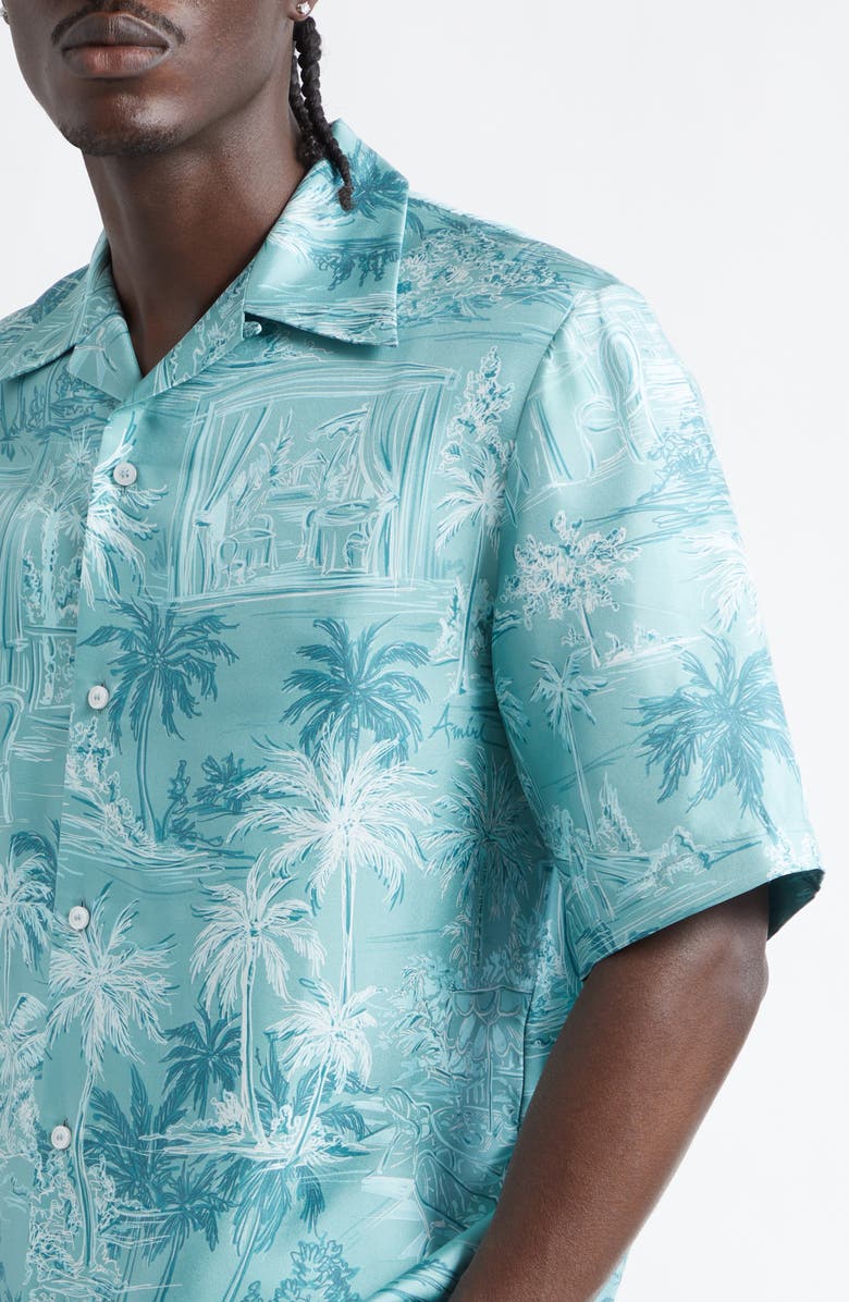 AMIRI Chateau Sketch Silk Camp Shirt, Alternate, color, Ceramic Teal
