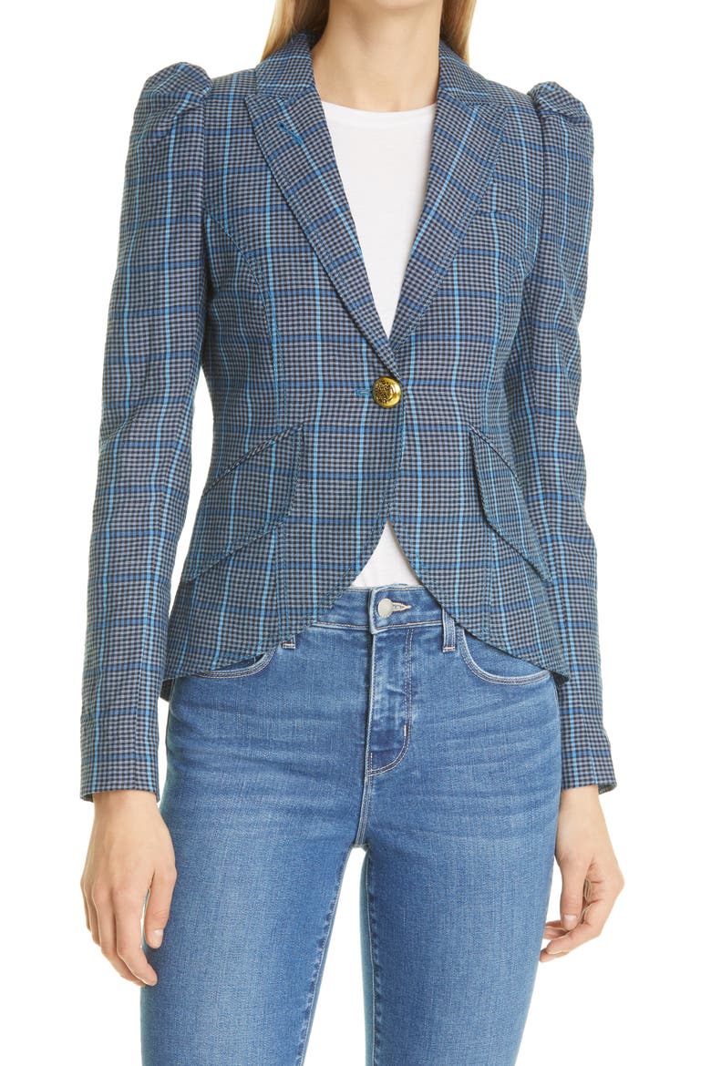 Plaid Puff Sleeve Wool & Linen Blazer, Main, color, BLUE GLEN CHECK