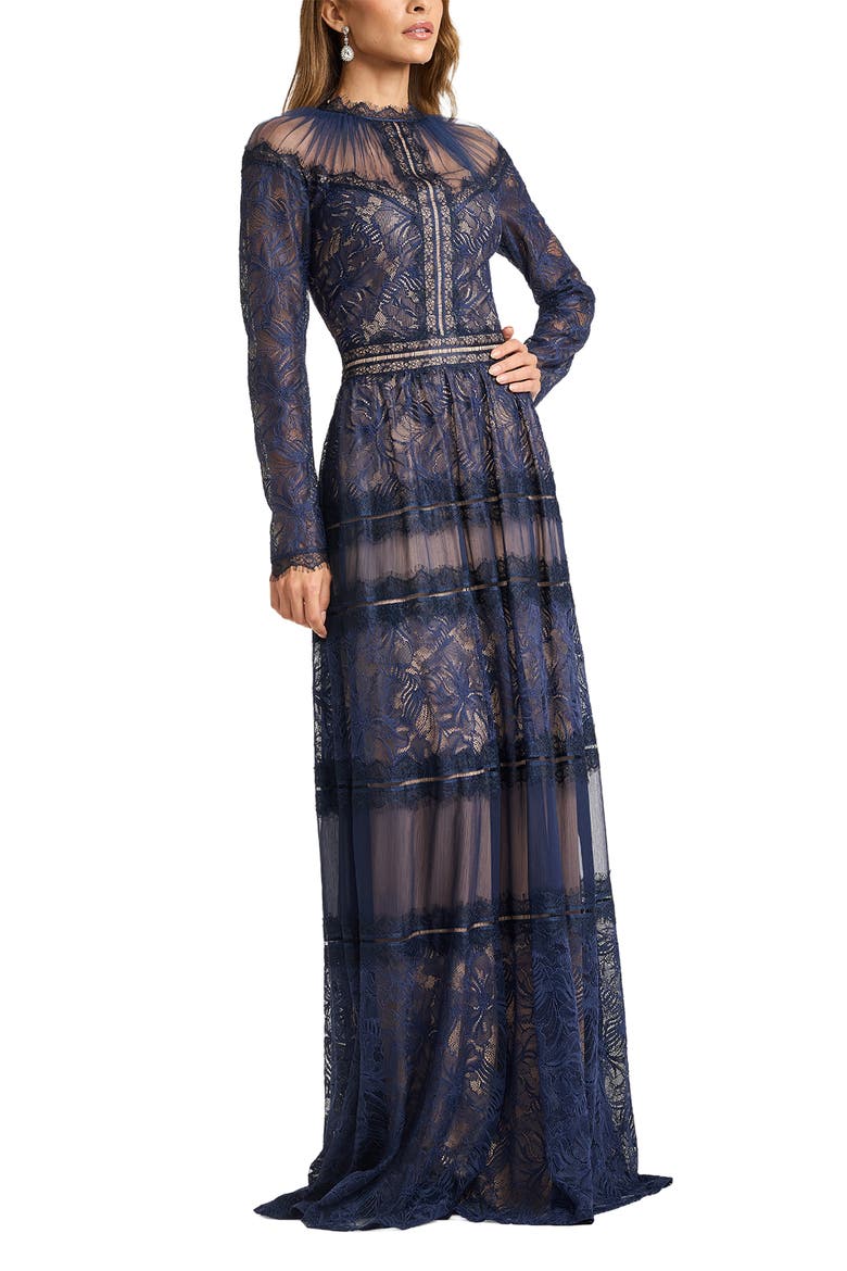 Lace Illusion Neck Long Sleeve Gown, Main, color, ROYAL NAVY/ NUDE