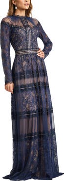 Tadashi Shoji Lace Illusion Neck Long Sleeve Gown