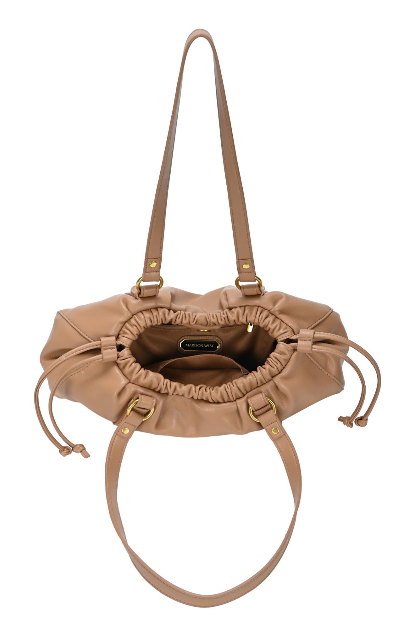 Drawstring Faux Leather Shoulder Bag, Alternate, color, CAMEL
