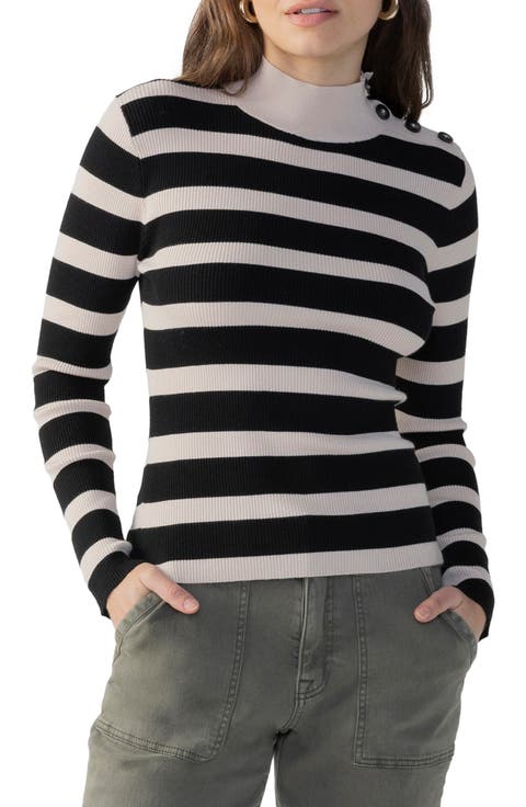 Lean In Button Shoulder Stripe Rib Sweater