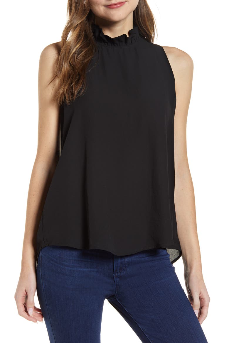 Gibson Cavallo Ruffle Neck Back Tie Tank, Main, color, BLACK