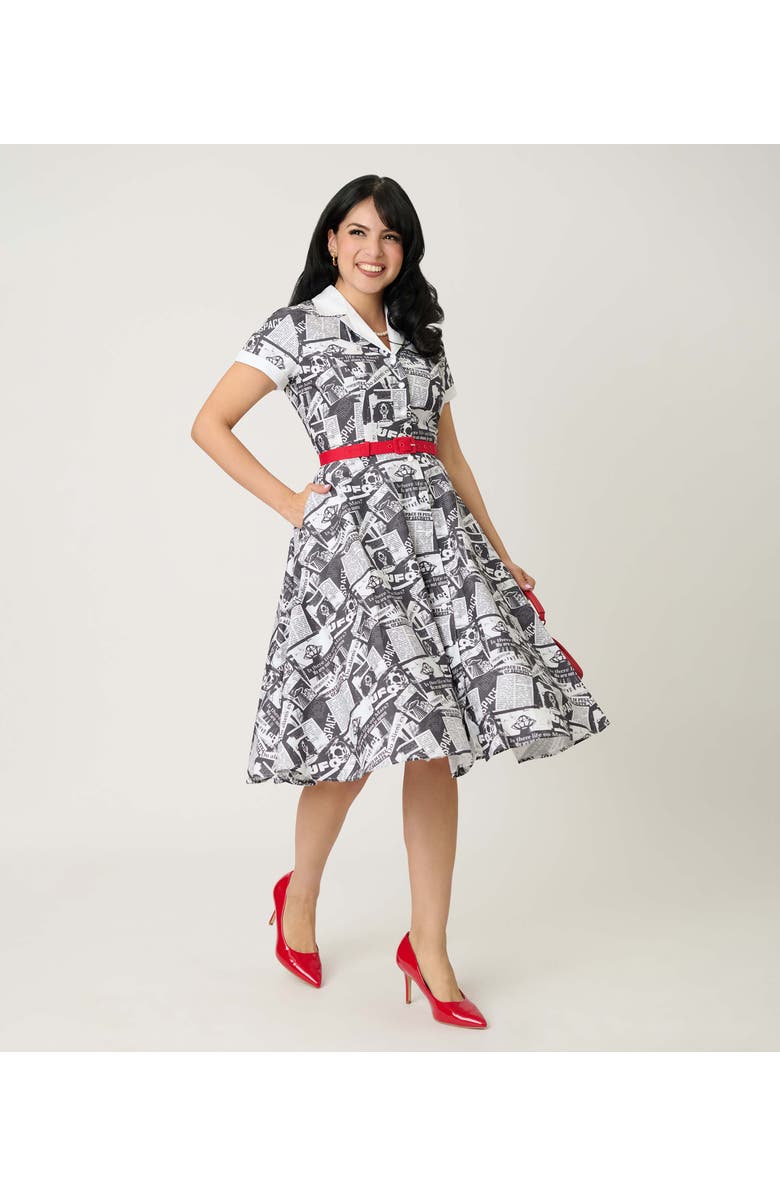Unique Vintage Collared Short Sleeved Belted Alexis Swing Dress, Alternate, color, Black & White Newspaper Print