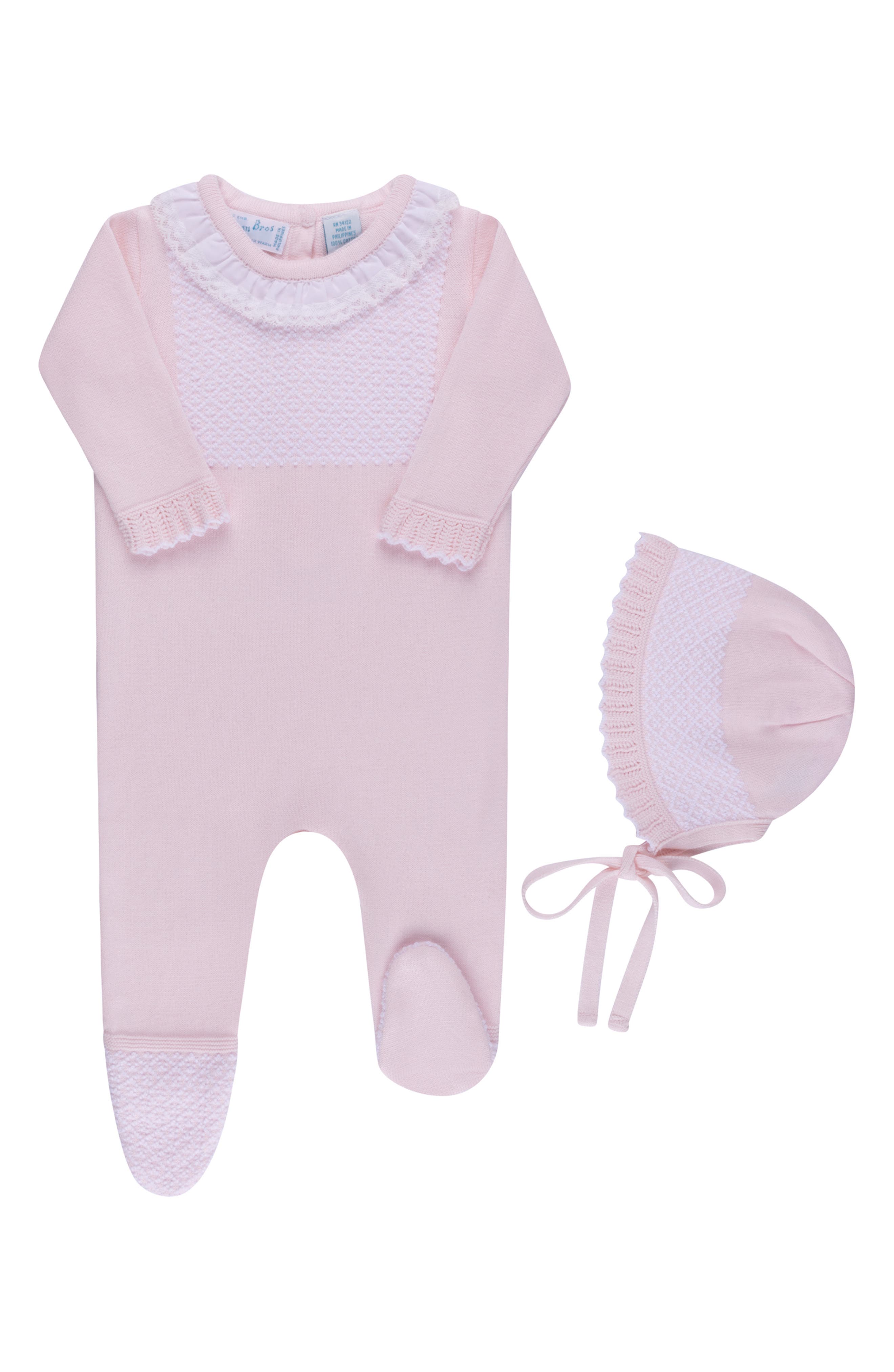 Feltman Brothers Jacquard Yoke Cotton Footie & Hat Set in Pink 