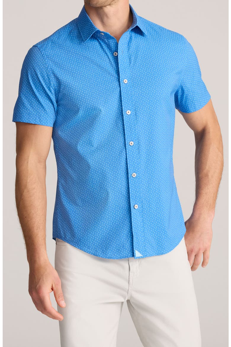 Sailboat Print Short Sleeve Performance Button-Up Shirt, Main, color, BLUE