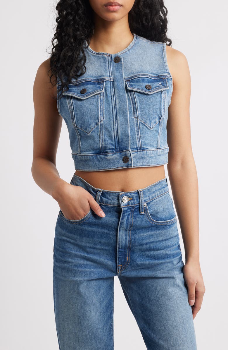 HIDDEN JEANS Crop Denim Trucker Vest, Main, color, Med Wash