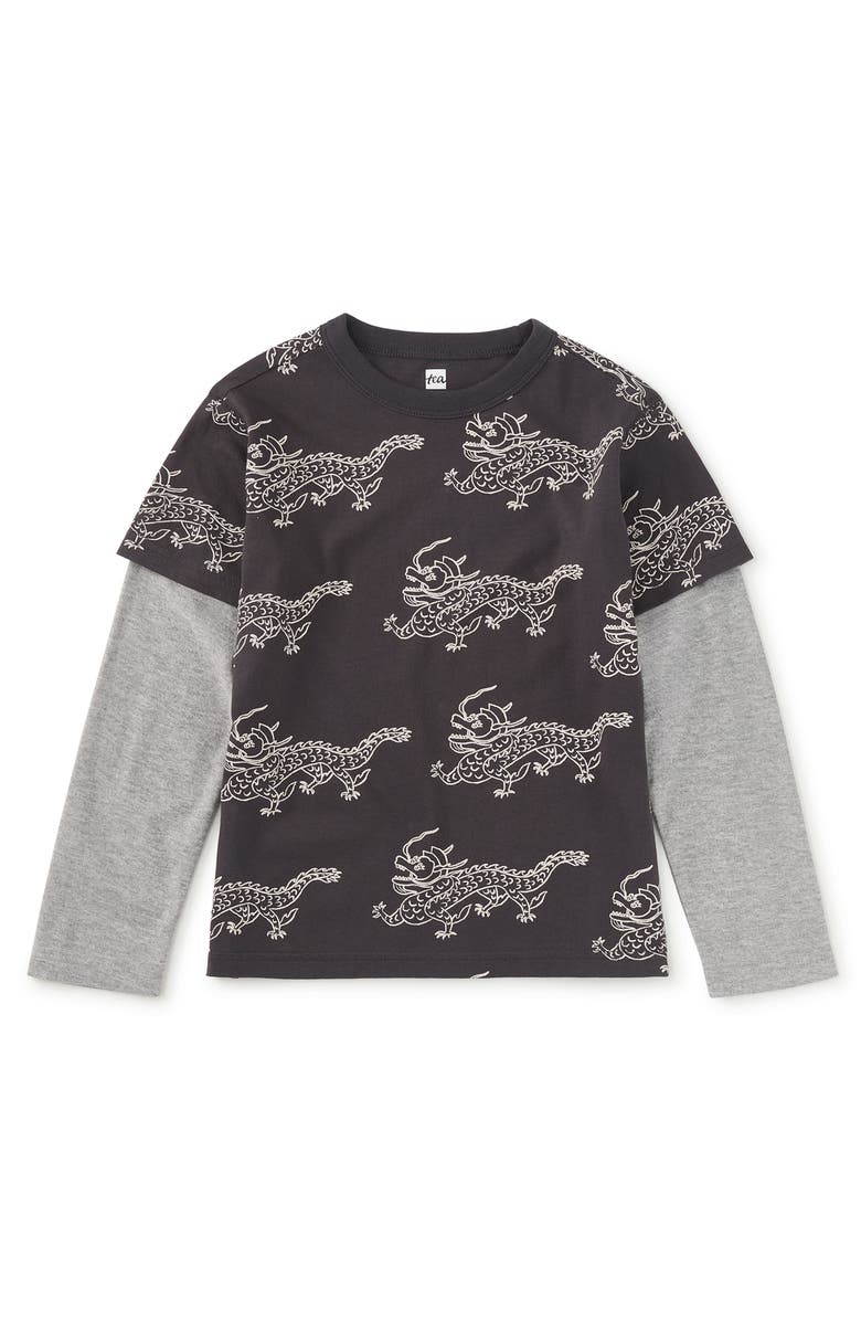 Tea Collection Printed Layered Sleeve Tee, Main, color, Korean Pottery Dragon