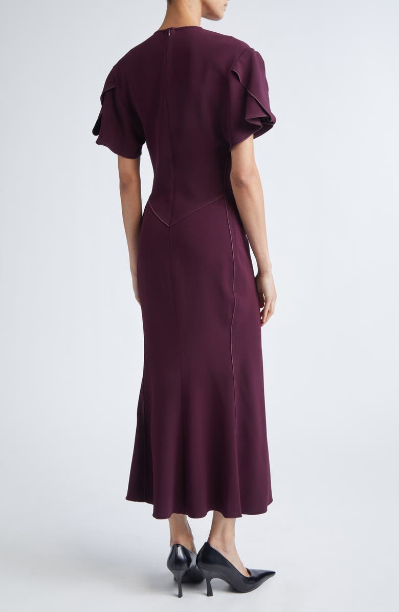 Victoria Beckham Bella Gathered Waist V-Neck Wool Blend Midi Dress, Alternate, color, Merlot