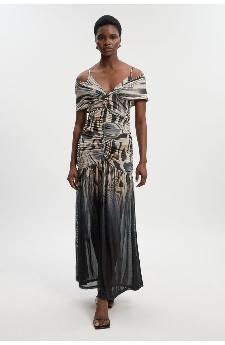 Karen Millen Marble Print Mesh Plunge Maxi Dress, Main, color, Mono