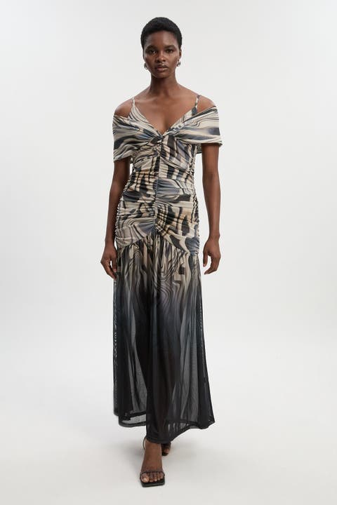 Marble Print Mesh Plunge Maxi Dress