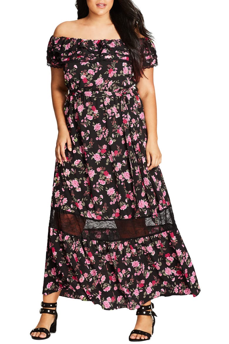 Free Love Floral Off the Shoulder Maxi Dress, Main, color, FUCHSIA