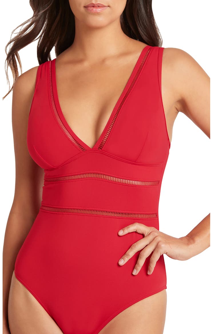 Spliced One-Piece Swimsuit, Alternate, color, RED