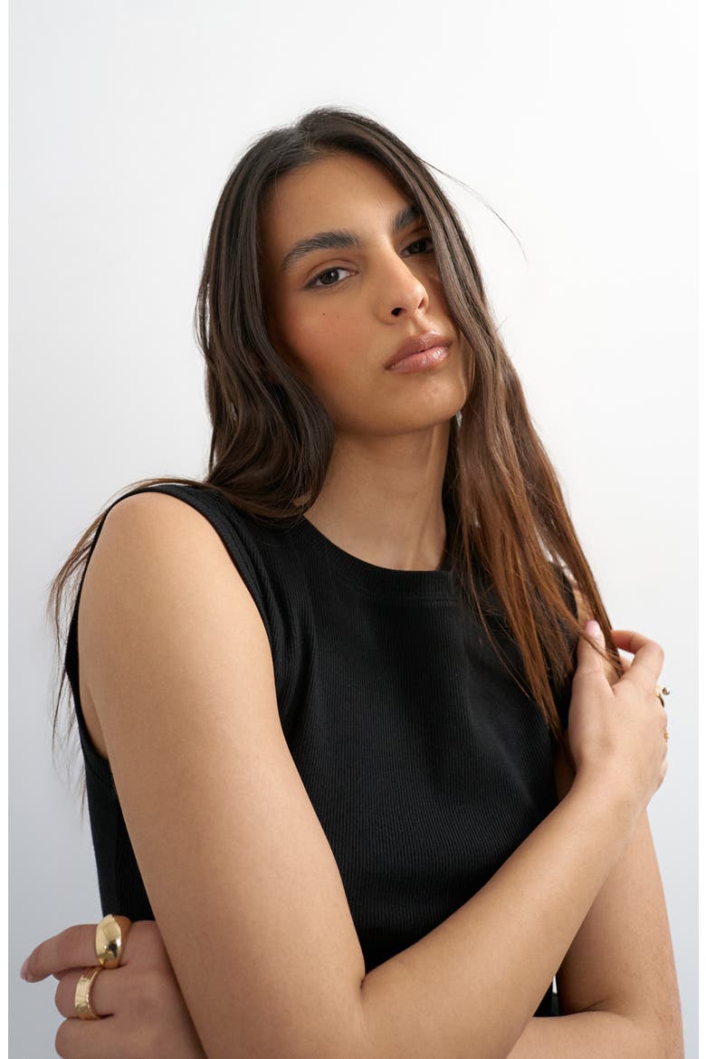 Rib Knit Stretch Cotton Boyfriend Tank, Alternate, color, BLACK