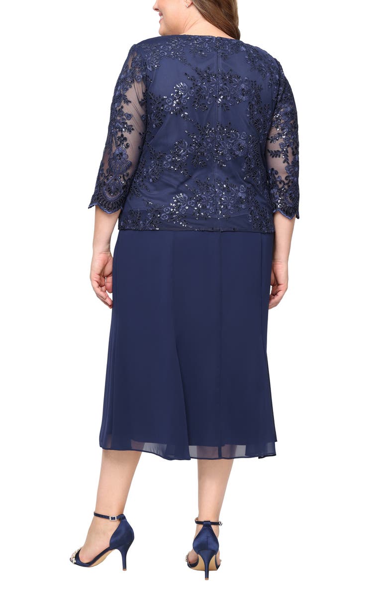 Alex Evenings Embroidered Lace & Sequin Mock Cocktail Dress, Alternate, color, Navy